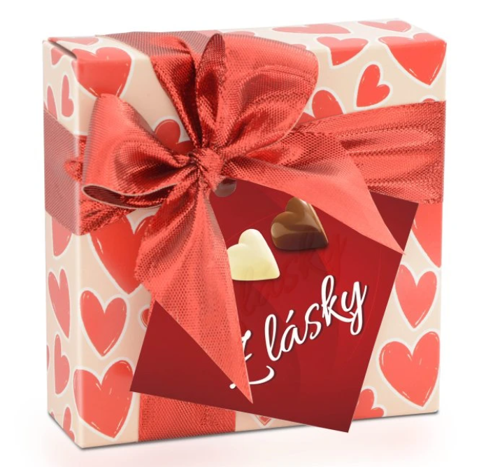 Belgická čokoládová srdíčka v dárkové krabičce s červenou mašlí 45g