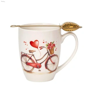 Hrnek 350 ml s čajovým sítkem ve tvaru srdce – Láska na kole – dárkový hrnek na sypaný čaj