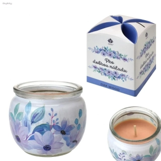 Vonná svíčka 90 g ve skle - Oak wood (vůně dubového dřeva) s nápisem "Pro dobrou náladu"